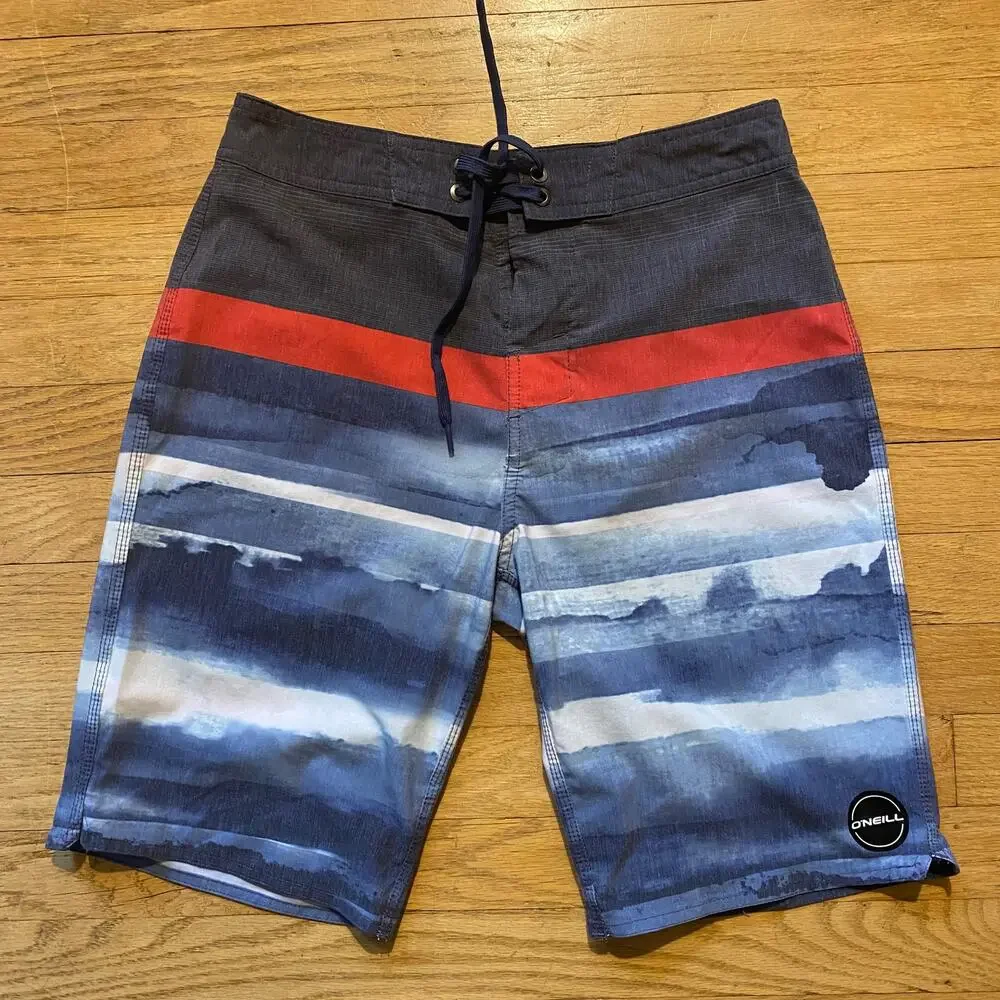 O'Neill Boys Blue Stripe Board Shorts Swim Trunks Size 28 Youth XL